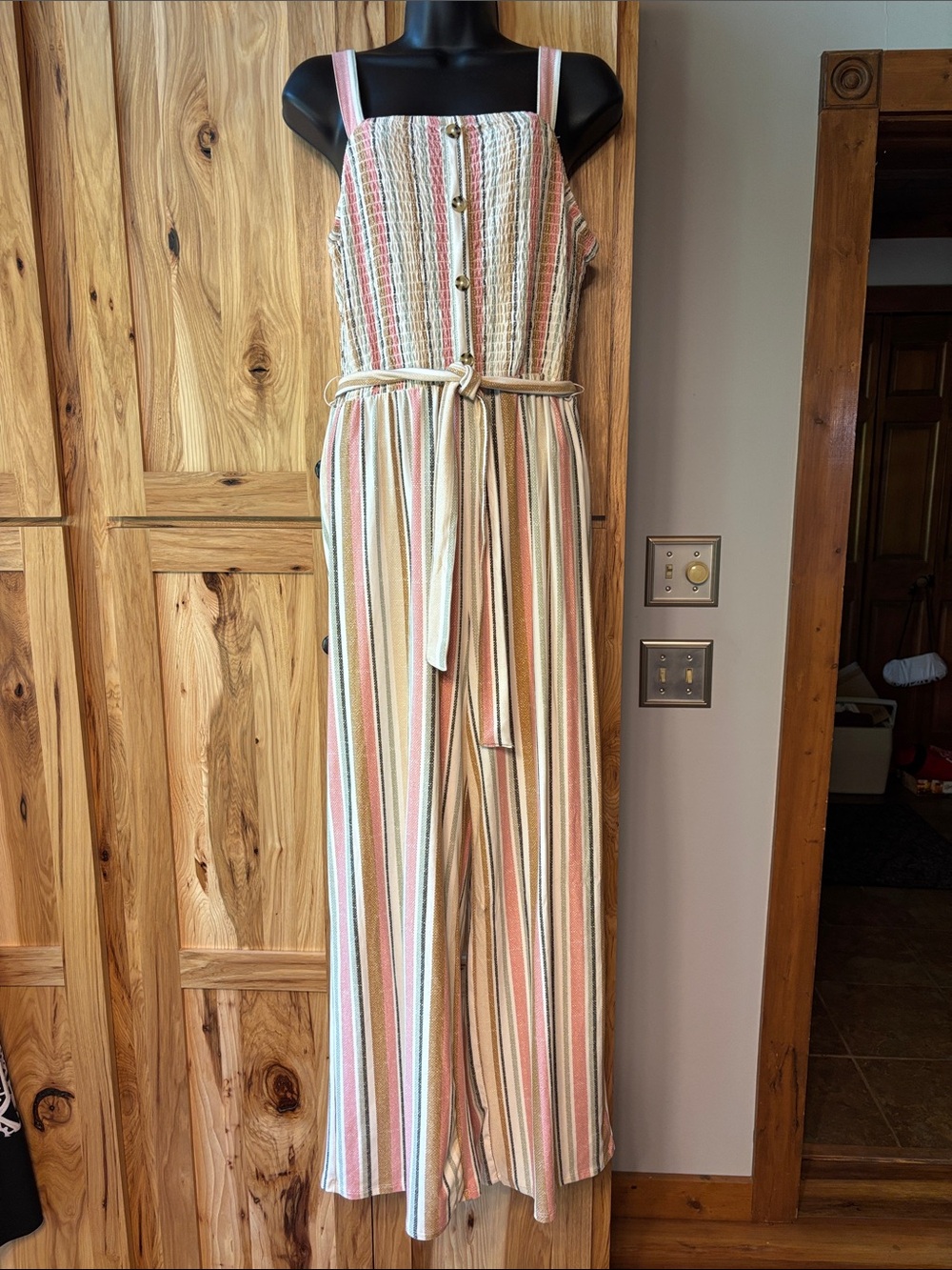 No Boundaries Striped Button-Front Jumpsuit in Pink, Cream & Green